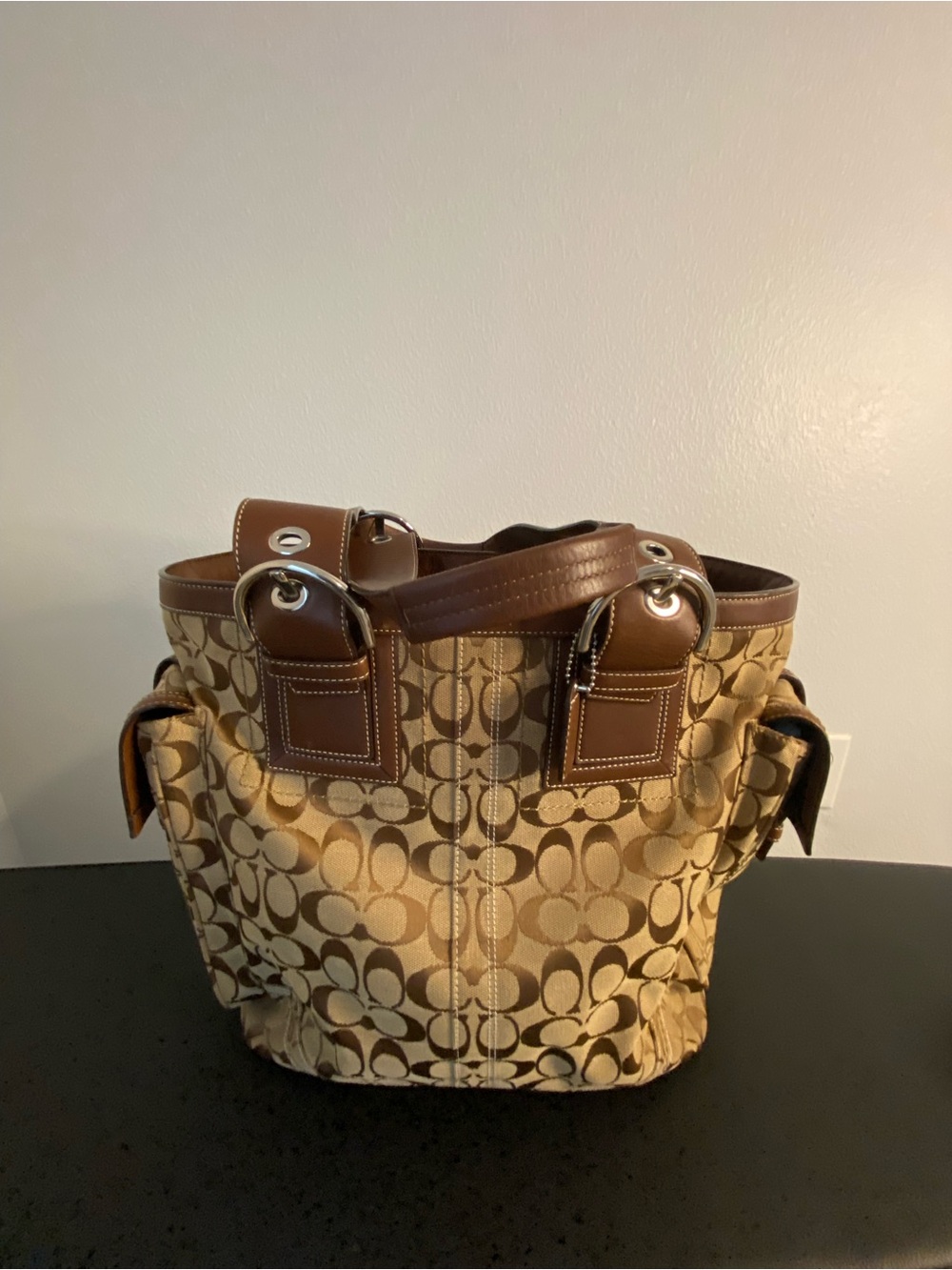 Coach Brown Signature Canvas Travel bag with Leather Trim and side pockets - Picture 6 of 16